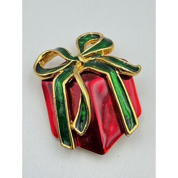 Christmas Gift Box Present Gold Tone Enamel Brooch Pin Red Green Holiday Jewelry - Picture 5 of 5